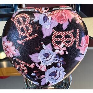 COMPACT MIRROR: Heart-Shaped Black, Pink, & Red w/Floral Design, NWOT